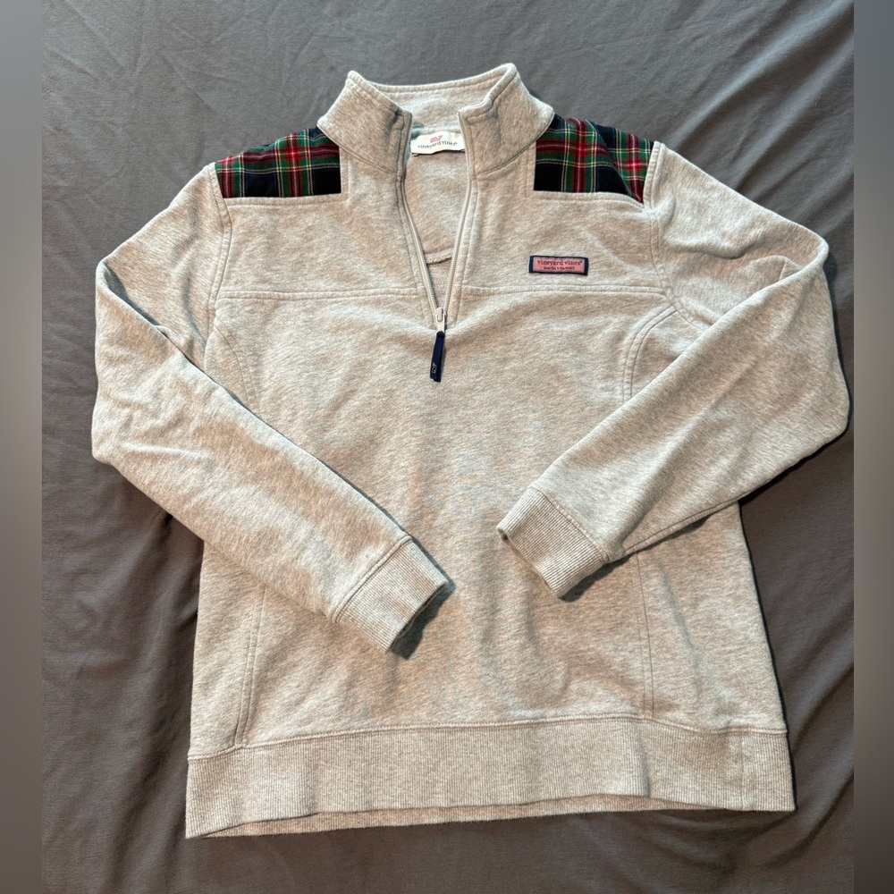 Vineyard Vines Shep Shirt Quarterzip with Plaid Shoulder and Back Details S